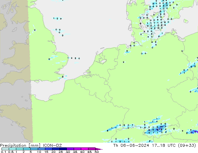 Precipitazione ICON-D2 gio 06.06.2024 18 UTC