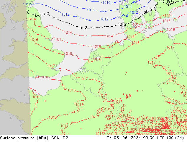 приземное давление ICON-D2 чт 06.06.2024 09 UTC