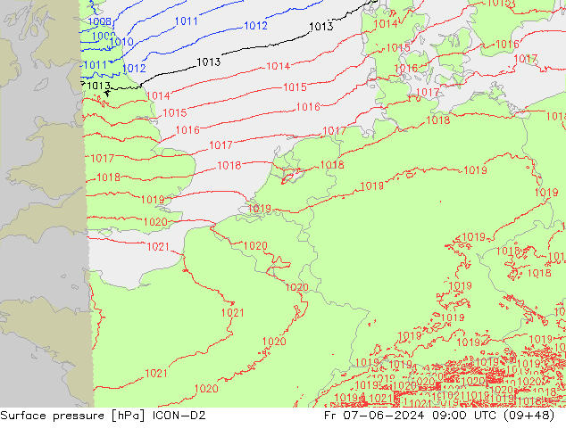 Luchtdruk (Grond) ICON-D2 vr 07.06.2024 09 UTC