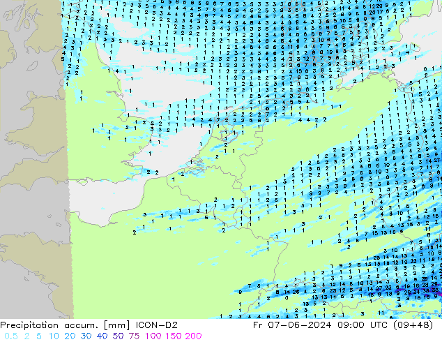 Precipitation accum. ICON-D2 Fr 07.06.2024 09 UTC