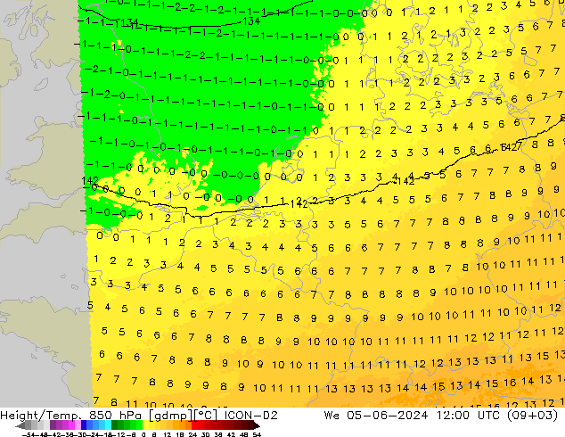 Height/Temp. 850 hPa ICON-D2 mer 05.06.2024 12 UTC