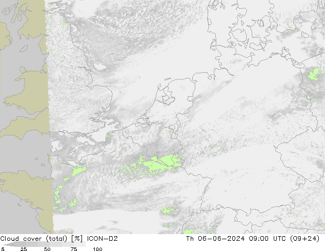 Wolken (gesamt) ICON-D2 Do 06.06.2024 09 UTC