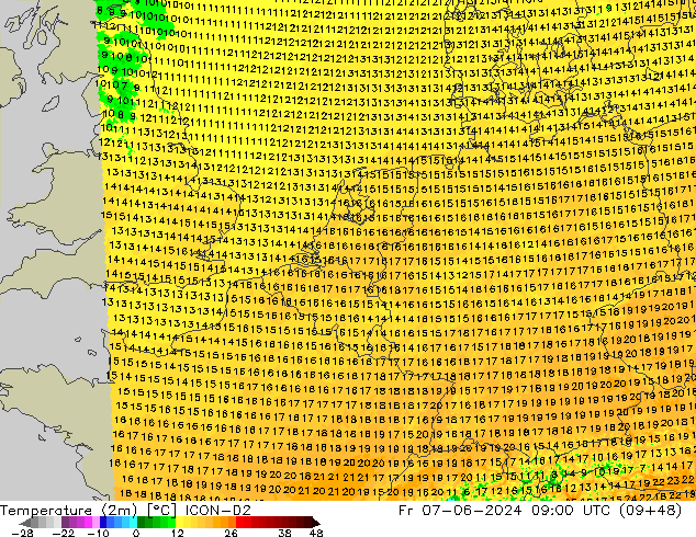 Sıcaklık Haritası (2m) ICON-D2 Cu 07.06.2024 09 UTC