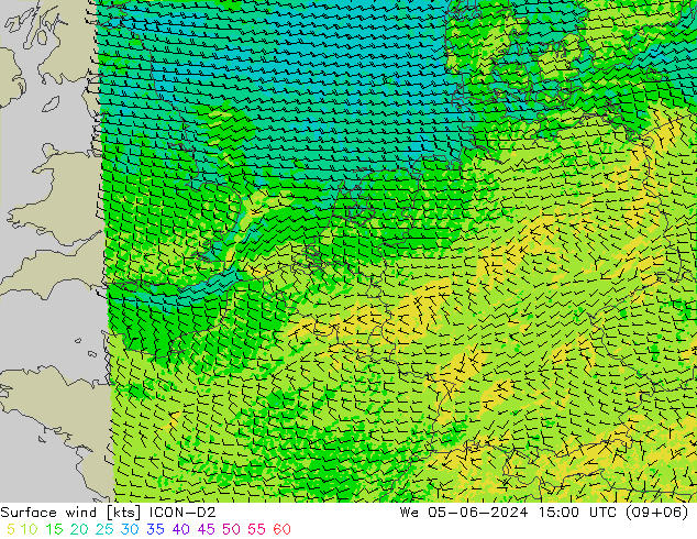 Surface wind ICON-D2 We 05.06.2024 15 UTC