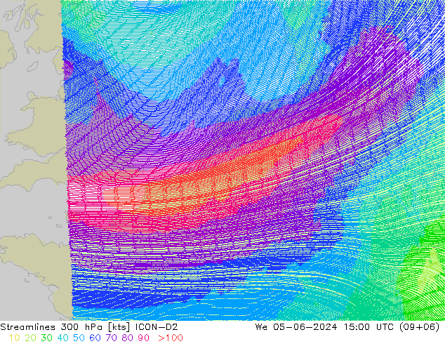 Linha de corrente 300 hPa ICON-D2 Qua 05.06.2024 15 UTC