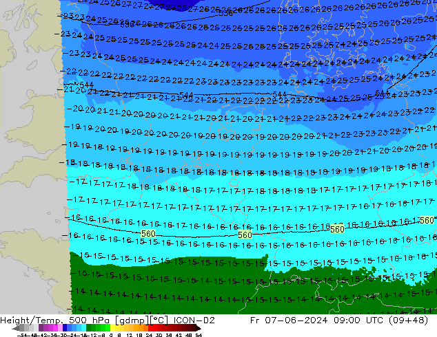 Height/Temp. 500 hPa ICON-D2 Fr 07.06.2024 09 UTC