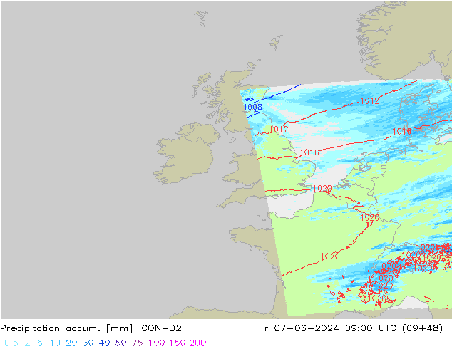 Totale neerslag ICON-D2 vr 07.06.2024 09 UTC