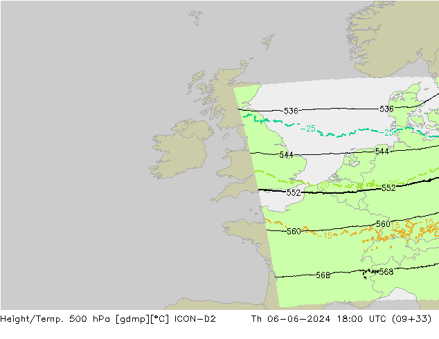Geop./Temp. 500 hPa ICON-D2 jue 06.06.2024 18 UTC