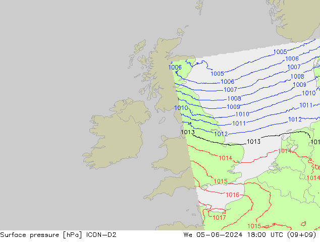 Surface pressure ICON-D2 We 05.06.2024 18 UTC