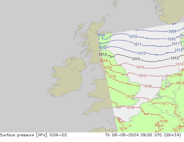 Surface pressure ICON-D2 Th 06.06.2024 09 UTC