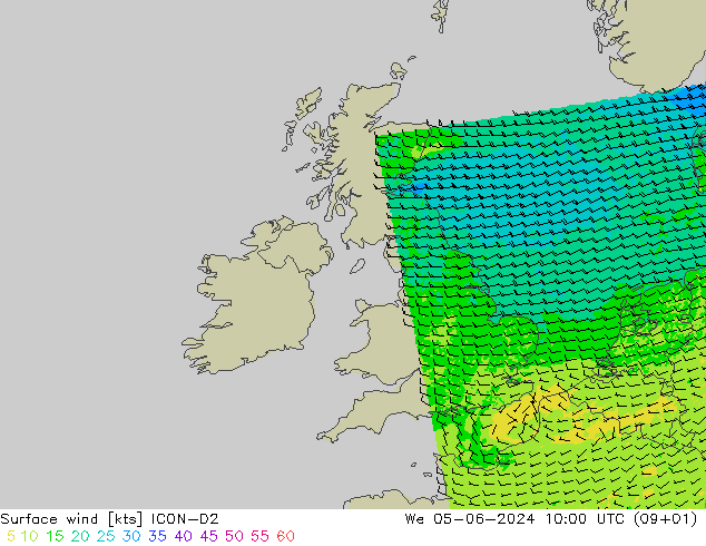 Viento 10 m ICON-D2 mié 05.06.2024 10 UTC