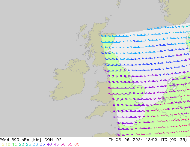 Vento 500 hPa ICON-D2 gio 06.06.2024 18 UTC