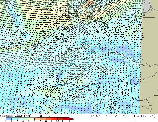 Vento 10 m (bft) ICON-D2 gio 06.06.2024 12 UTC