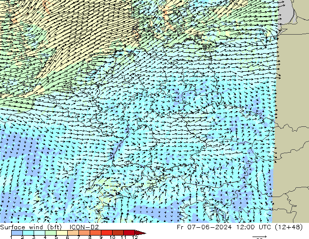Surface wind (bft) ICON-D2 Fr 07.06.2024 12 UTC