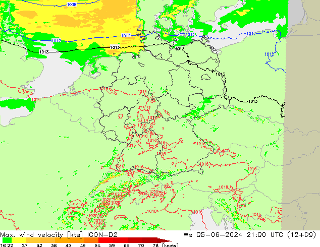 Max. wind snelheid ICON-D2 wo 05.06.2024 21 UTC