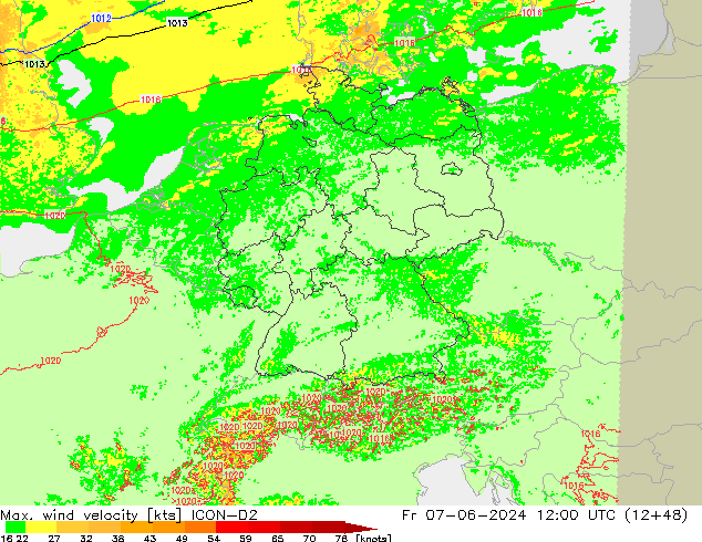 Max. wind velocity ICON-D2 Pá 07.06.2024 12 UTC