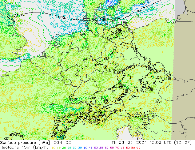 Isotachen (km/h) ICON-D2 do 06.06.2024 15 UTC