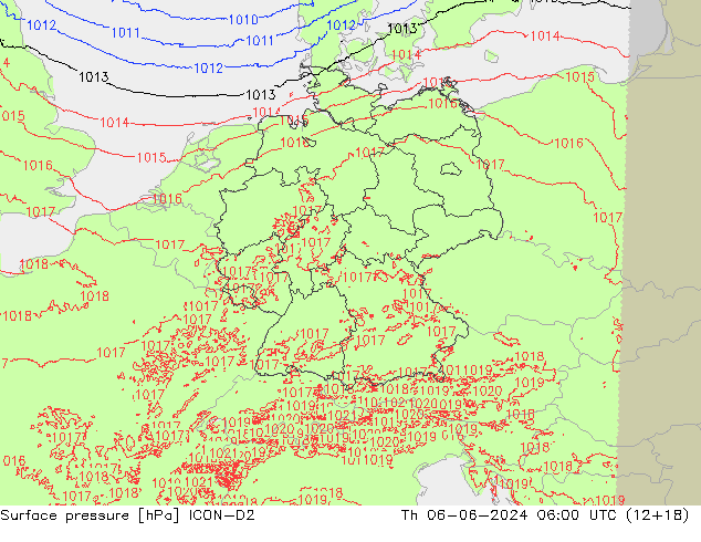 Surface pressure ICON-D2 Th 06.06.2024 06 UTC