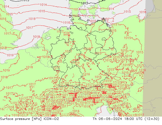 Surface pressure ICON-D2 Th 06.06.2024 18 UTC