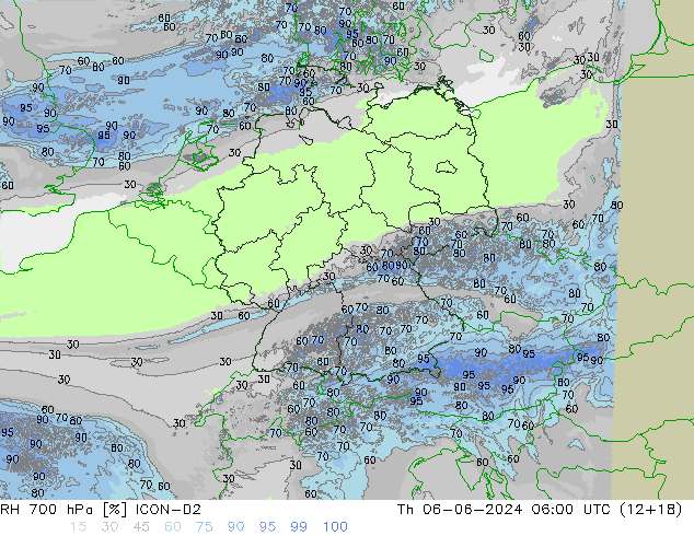 RH 700 hPa ICON-D2 gio 06.06.2024 06 UTC