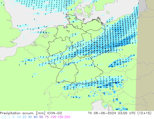 Precipitation accum. ICON-D2 Th 06.06.2024 03 UTC