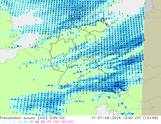 Precipitation accum. ICON-D2 Fr 07.06.2024 12 UTC