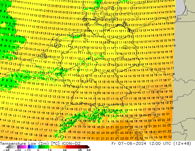 temperatura mín. (2m) ICON-D2 Sex 07.06.2024 12 UTC