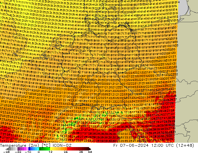 Temperatuurkaart (2m) ICON-D2 vr 07.06.2024 12 UTC