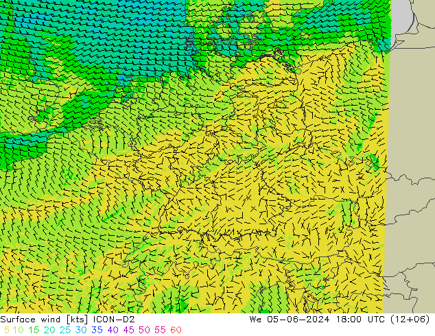 Surface wind ICON-D2 We 05.06.2024 18 UTC