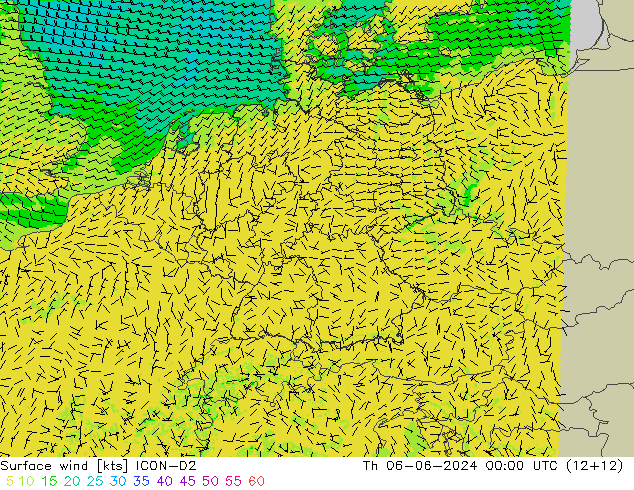 风 10 米 ICON-D2 星期四 06.06.2024 00 UTC