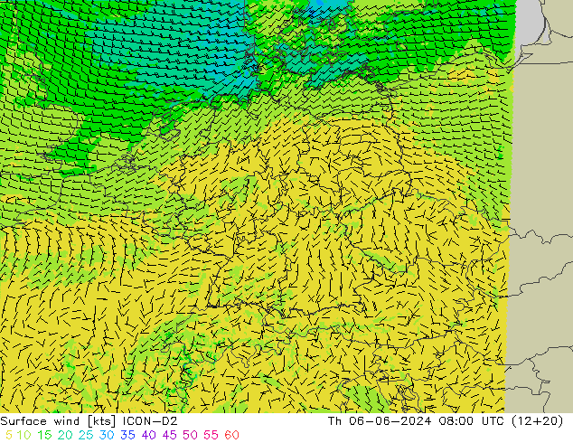 Bodenwind ICON-D2 Do 06.06.2024 08 UTC