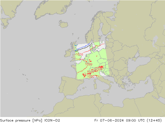 Surface pressure ICON-D2 Fr 07.06.2024 09 UTC