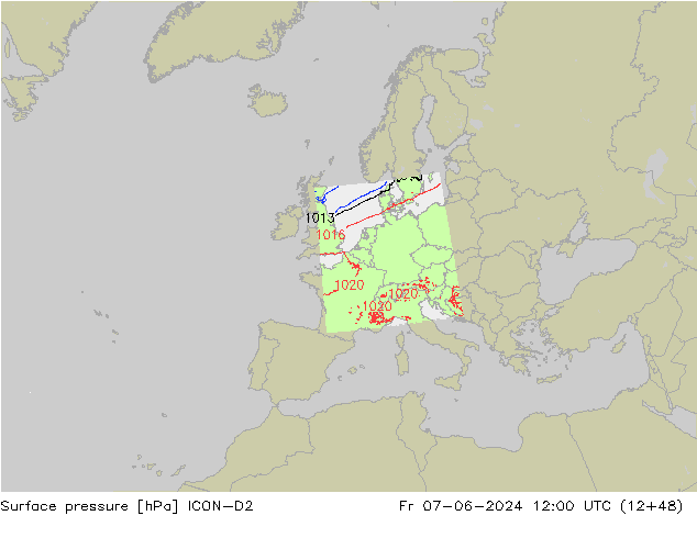 Presión superficial ICON-D2 vie 07.06.2024 12 UTC