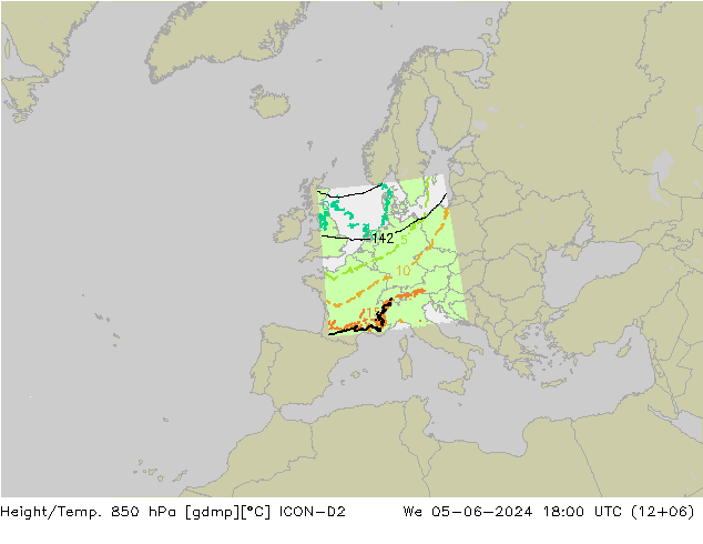 Geop./Temp. 850 hPa ICON-D2 mié 05.06.2024 18 UTC