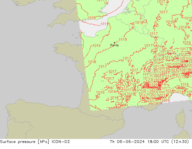 Atmosférický tlak ICON-D2 Čt 06.06.2024 18 UTC