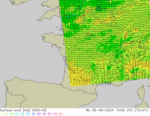 Vento 10 m ICON-D2 Qua 05.06.2024 13 UTC