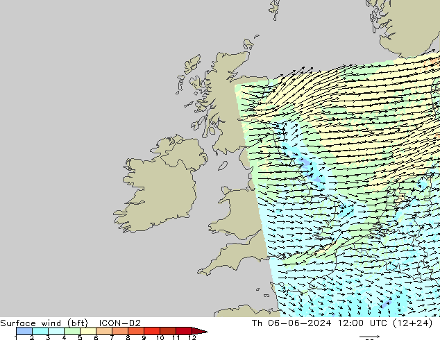 Surface wind (bft) ICON-D2 Th 06.06.2024 12 UTC