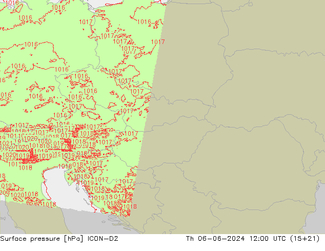 Surface pressure ICON-D2 Th 06.06.2024 12 UTC