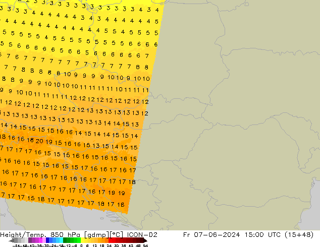 Height/Temp. 850 hPa ICON-D2 Fr 07.06.2024 15 UTC