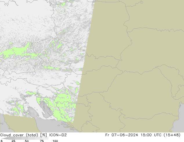 Cloud cover (total) ICON-D2 Fr 07.06.2024 15 UTC