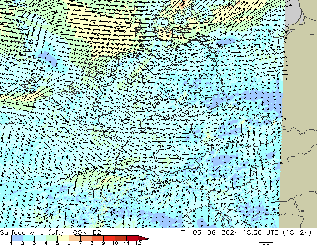 Surface wind (bft) ICON-D2 Th 06.06.2024 15 UTC