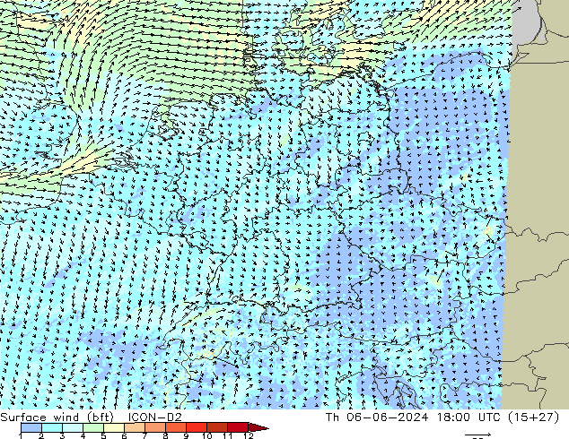 Surface wind (bft) ICON-D2 Čt 06.06.2024 18 UTC