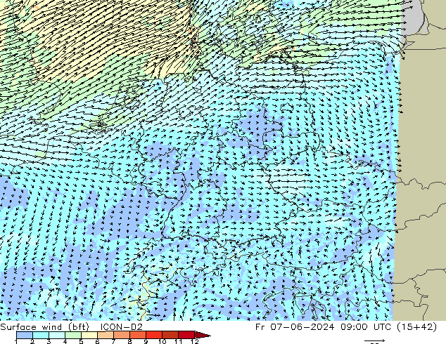 Rüzgar 10 m (bft) ICON-D2 Cu 07.06.2024 09 UTC