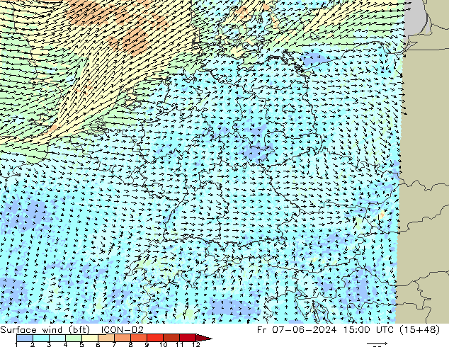 Wind 10 m (bft) ICON-D2 vr 07.06.2024 15 UTC
