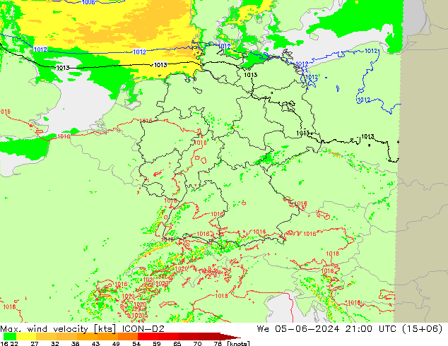 Max. wind velocity ICON-D2 We 05.06.2024 21 UTC