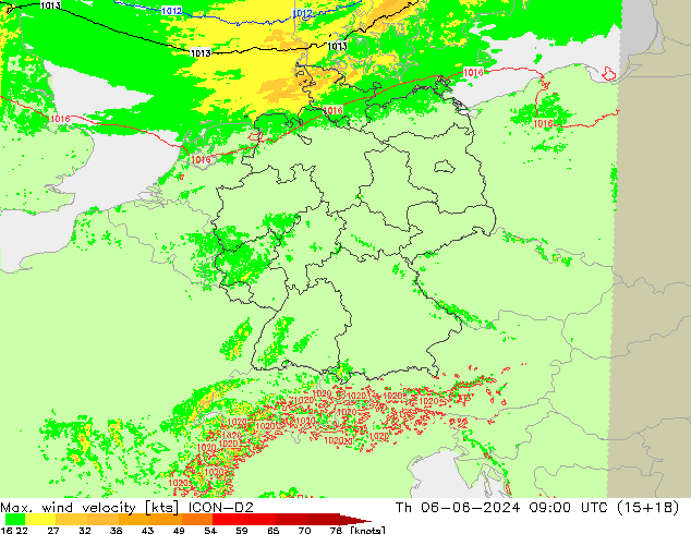 Max. wind velocity ICON-D2 czw. 06.06.2024 09 UTC