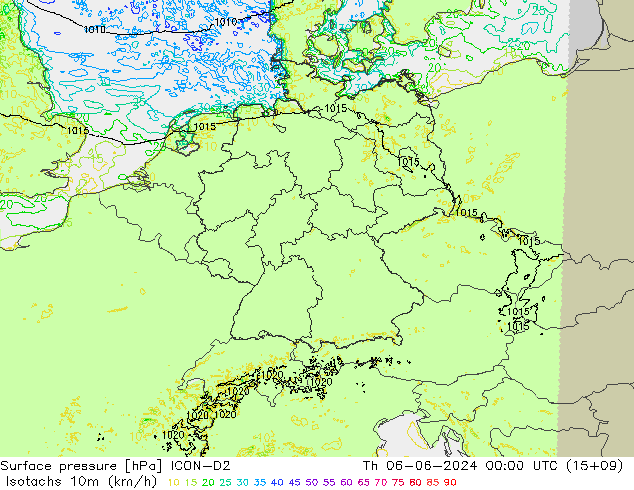 Isotachs (kph) ICON-D2 Th 06.06.2024 00 UTC