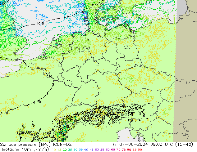 Isotachs (kph) ICON-D2 Sex 07.06.2024 09 UTC