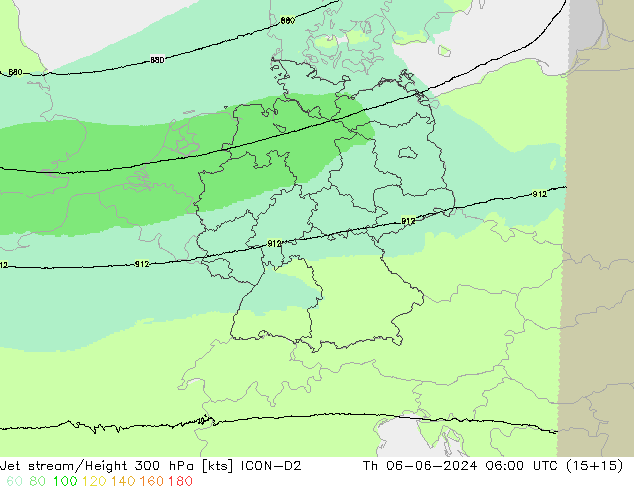 Jet stream/Height 300 hPa ICON-D2 Th 06.06.2024 06 UTC