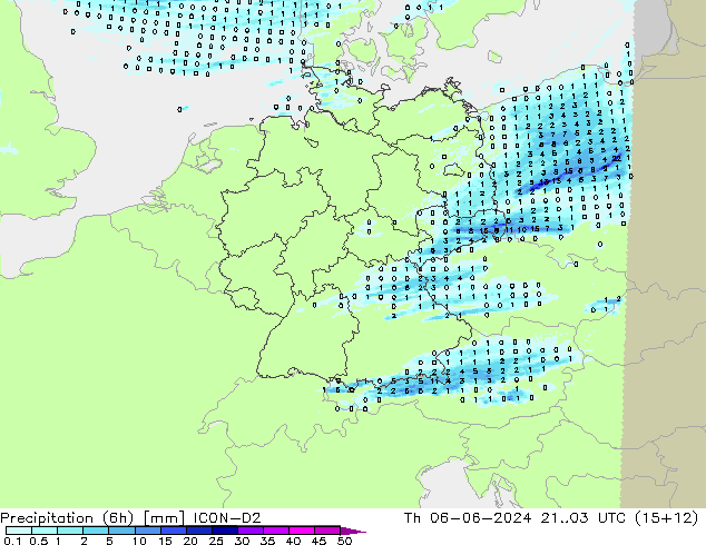осадки (6h) ICON-D2 чт 06.06.2024 03 UTC